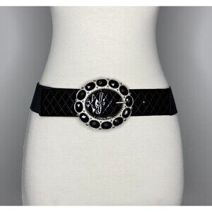 Ellen Tracy Belt Women M/L Genuine Leather Black Stone Buckle Elastic Stretch